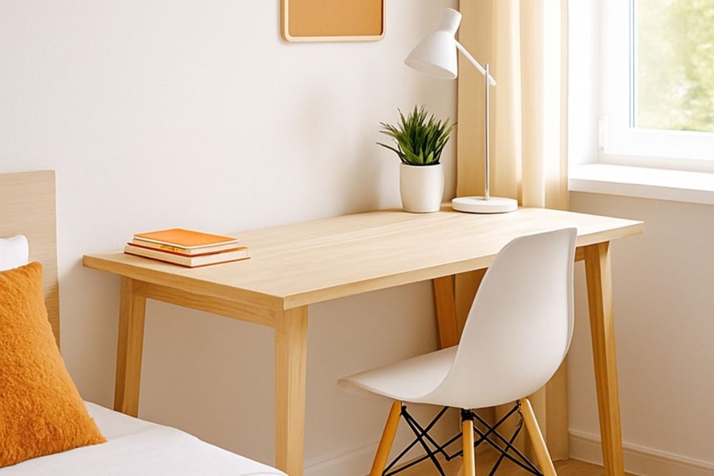 Escritorio juvenil junto a ventana con libros y luz natural, simbolizando hábitos de estudio en verano para estudiantes